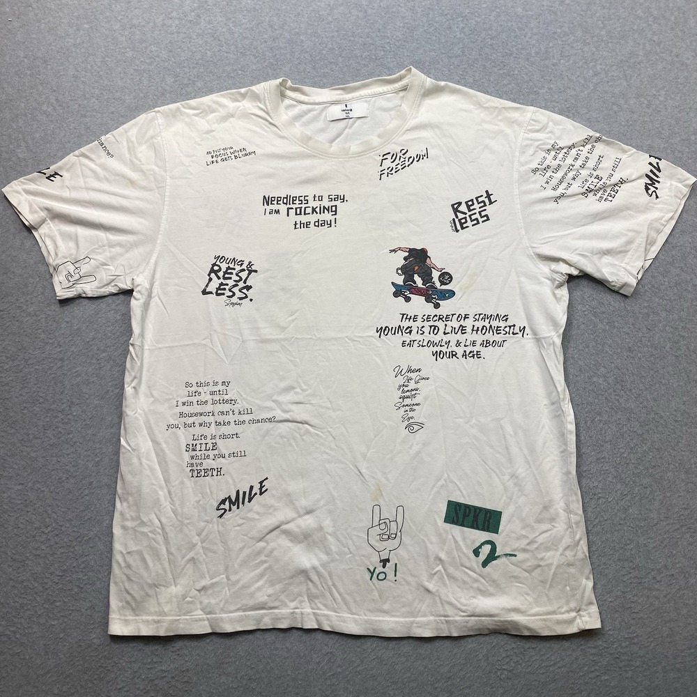 Spykar White T-Shirt Men's Size 2XL Graphic Grunge Double Sided Distressed